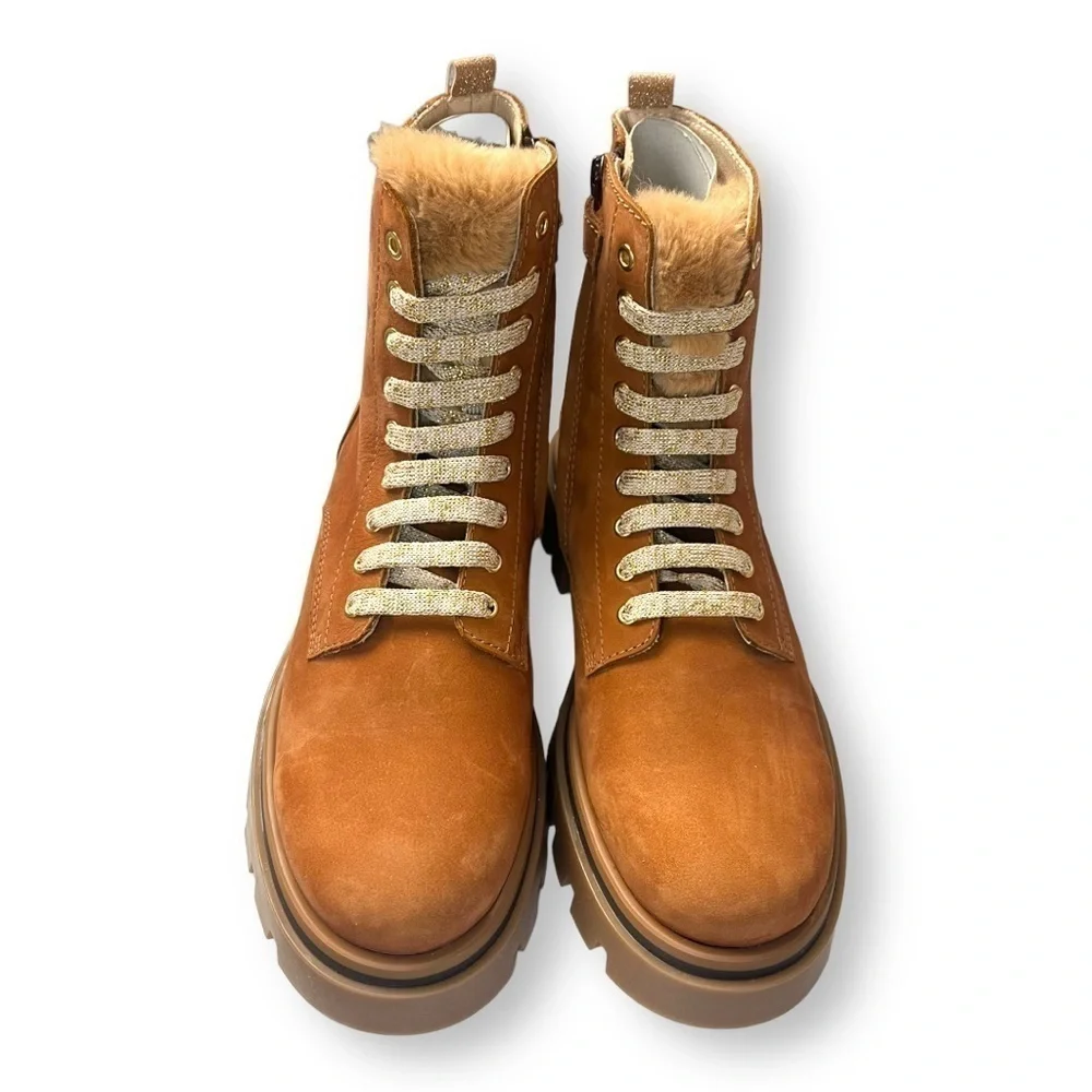 Beberlis Cognac Brown Suede Shearling Lace Up Combat Boots w/ Lug Soles NEW